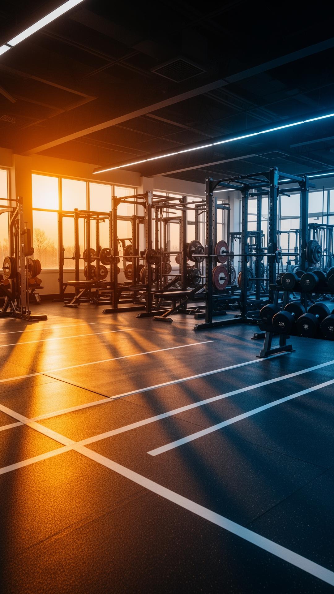 Empty championship gymnasium at golden hour